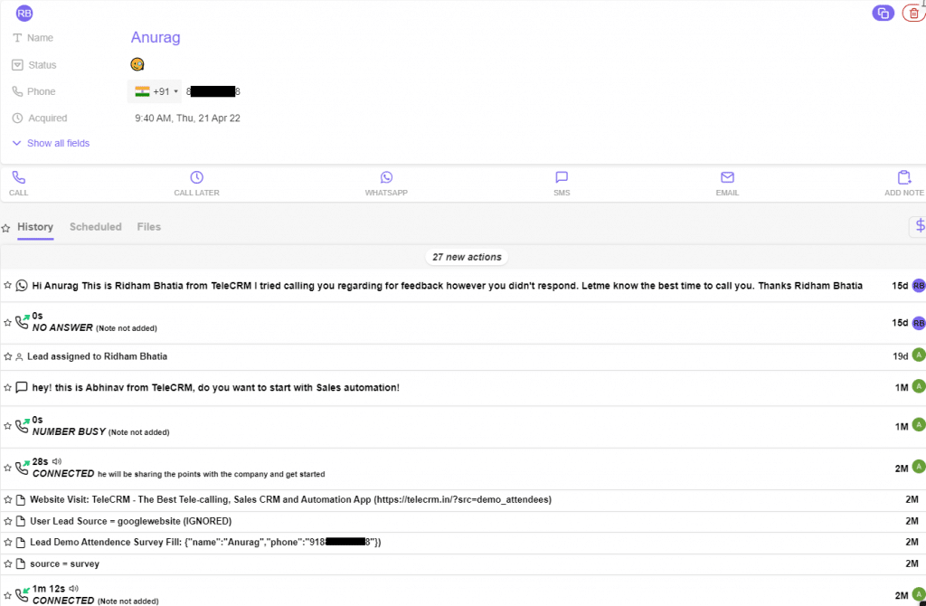 detailed history panel for website visit tracking | Lead management strategies