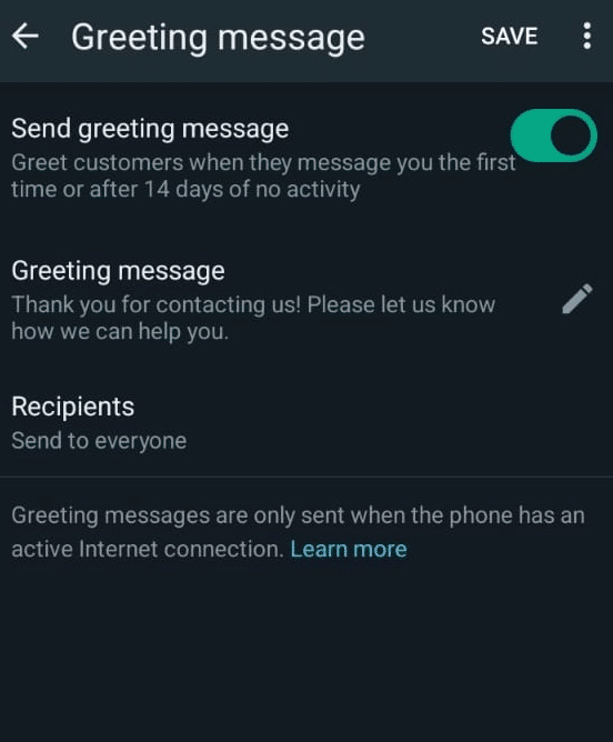 How to Change WhatsApp to Business Account 17 Edit settings of Greeting message in WhatsApp business app to setup greeting messages