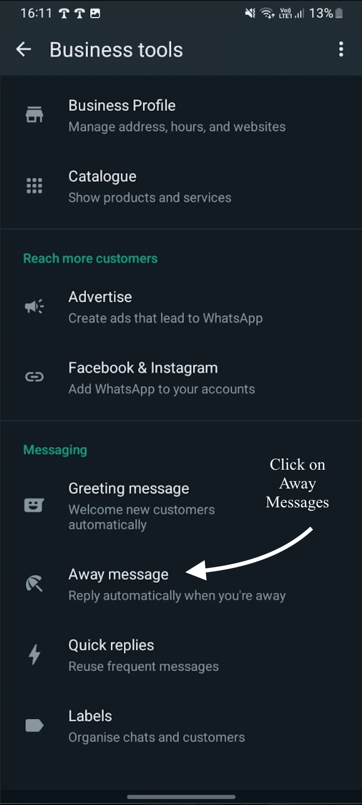 How to Change WhatsApp to Business Account 19 Access business tools section in whatsApp business app to setup away messages
