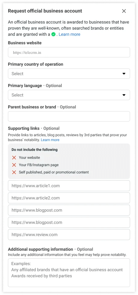 2 Guaranteed Ways to Get WhatsApp Green Tick Verification 7 COmplete application form for WhatsApp green tick verification with all the requirements tabs to fulfill.