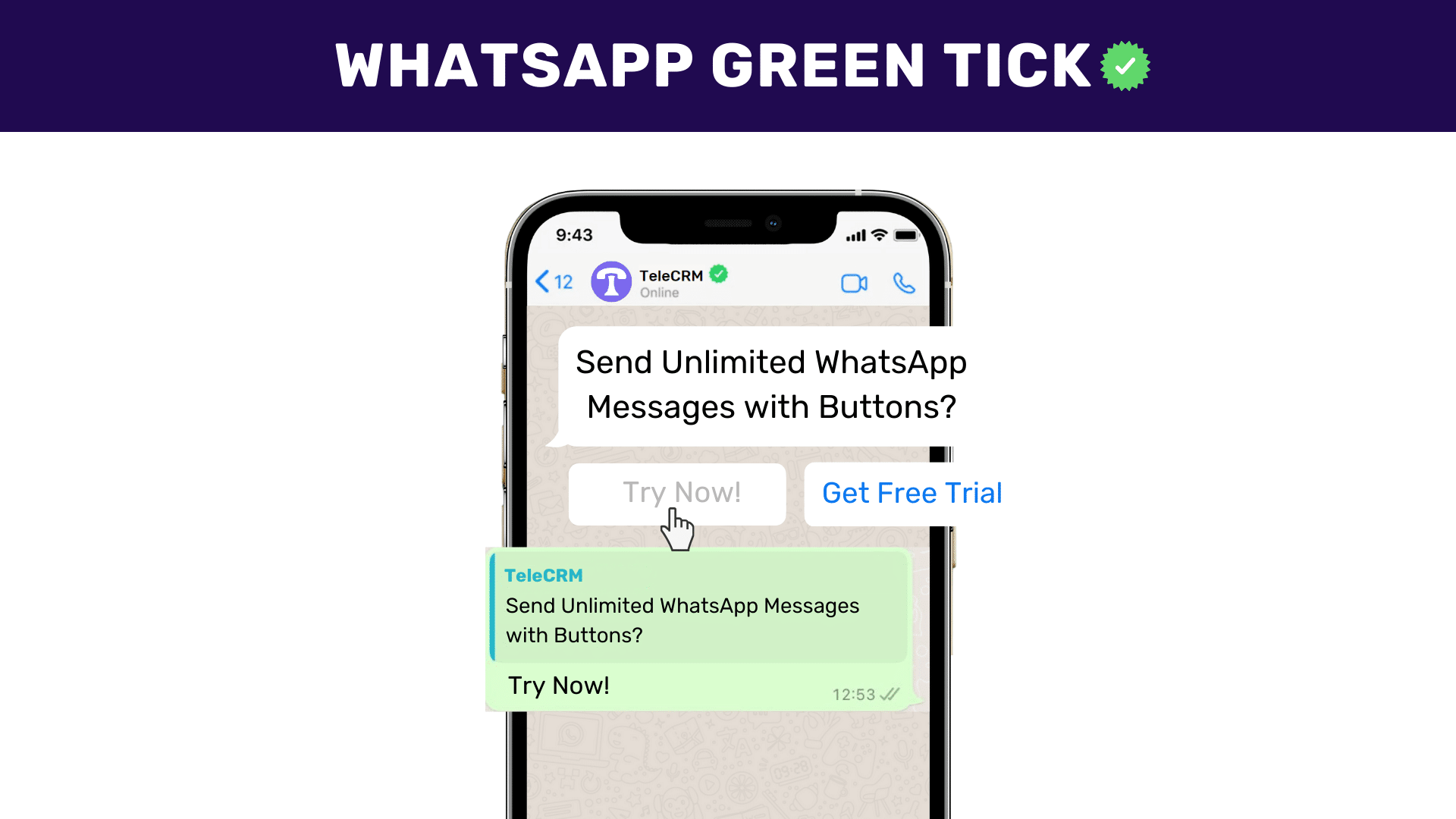 2 Guaranteed Ways to Get WhatsApp Green Tick Verification 1 WhatsApp Green Tick verified account of telecrm sending messages with button to fresh leads
