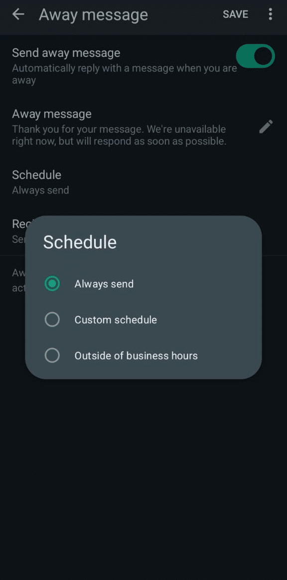How to Setup WhatsApp Auto Reply Message +44 Sample Messages 8 Decide the schedule for away message: always send, custom schedule, or send outside of business hours