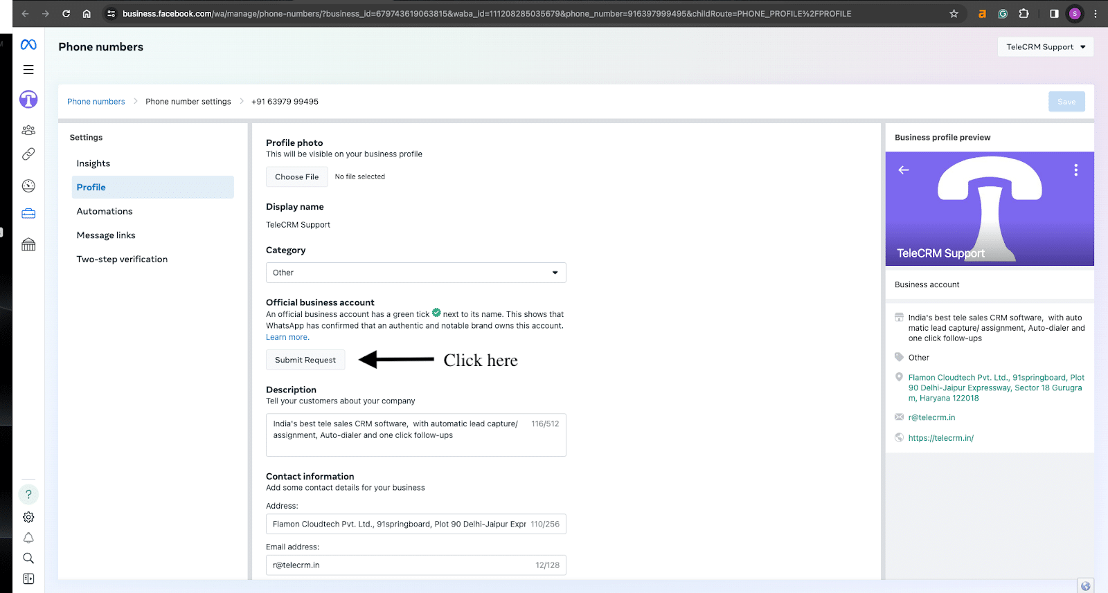 2 Guaranteed Ways to Get WhatsApp Green Tick Verification 6 Click on submit request in phone numbers tab