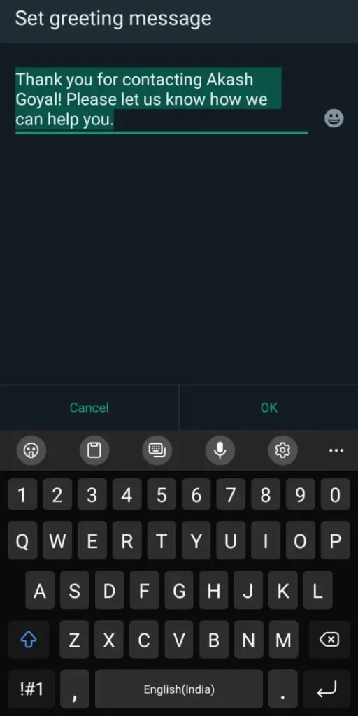 Greeting message on WhatsApp Business