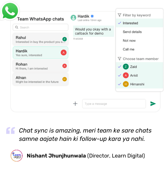WhatsApp chat sync- WhatsApp integration feature of TeleCRM