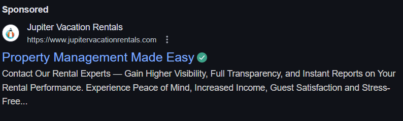 Jupiter vacation rental ad on google