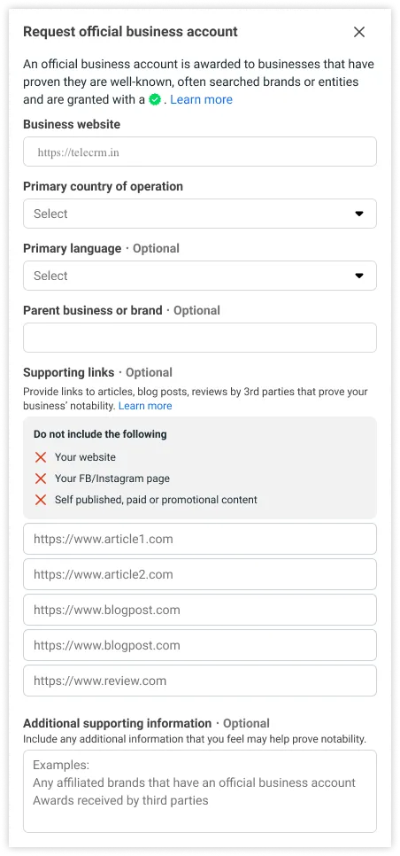 A Complete Guide on WhatsApp Blue Tick Verification Badge 5 COmplete application form for WhatsApp blue tick verification with all the requirements tabs to fulfill.