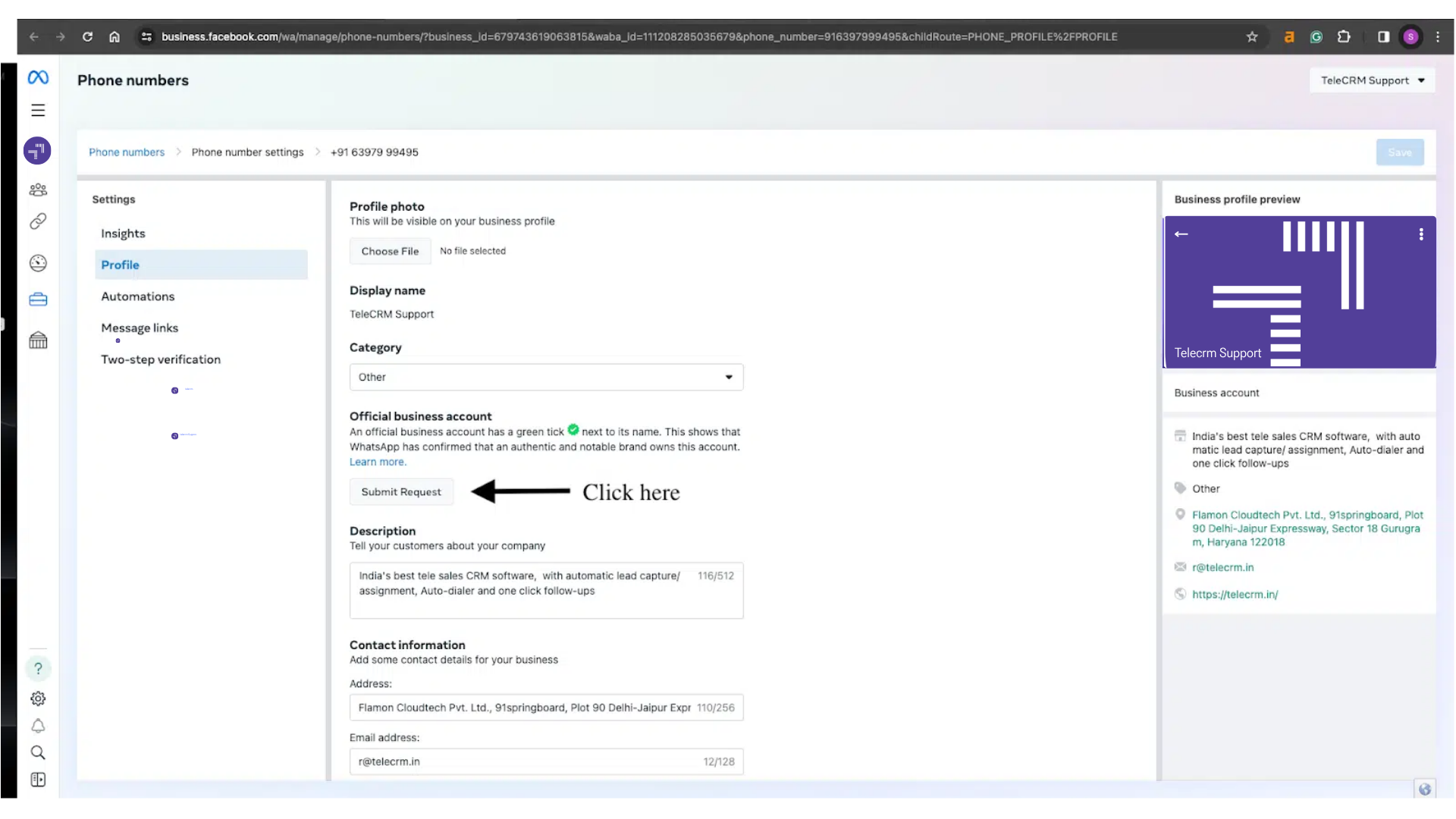 A Complete Guide on WhatsApp Blue Tick Verification Badge 4 In the overview tab click, click on profile and submit request button