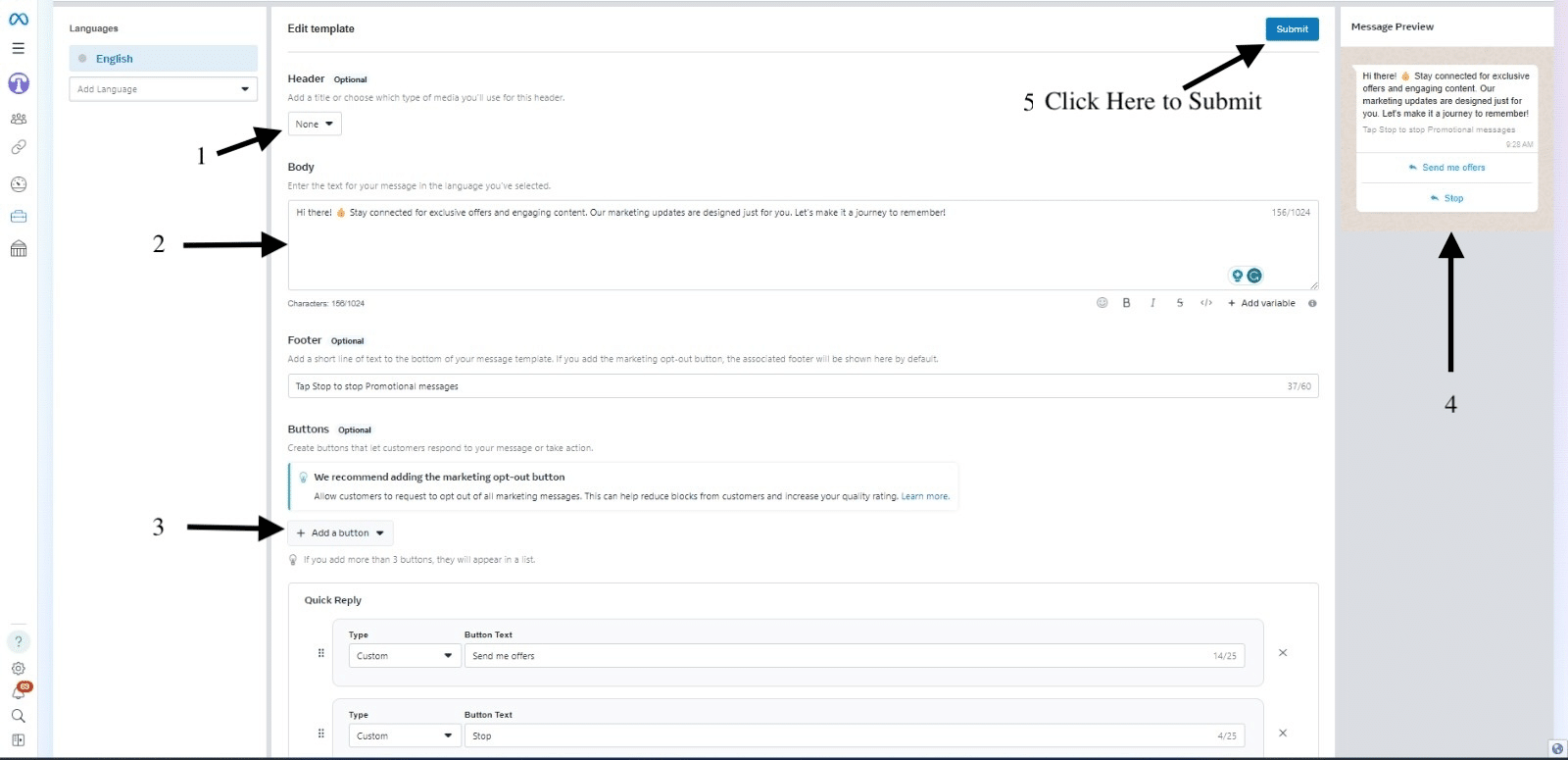Image to help create a template in whatsapp business manager and submit for approval.