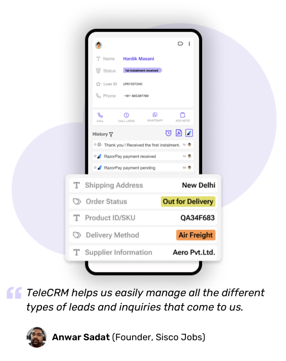Telecrm provides detailed overview of lead journey, integrations with other platforms and complete team tracking