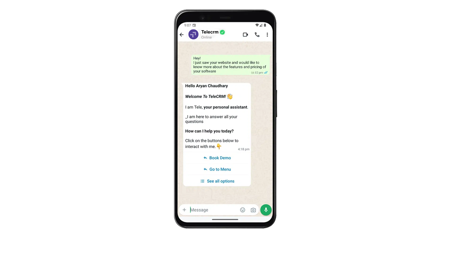 Telecrm's WhatsApp chatbot